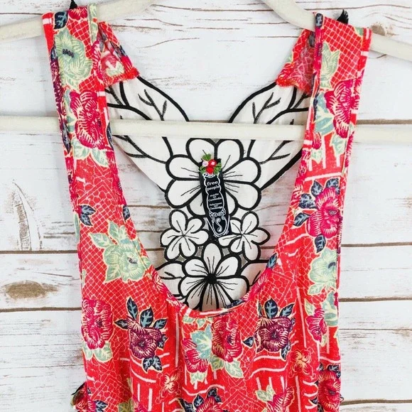 Free People Top Size S Floral Racerback Sleeveless Scoop Side Ties Coral Pink - Picture 3 of 8
